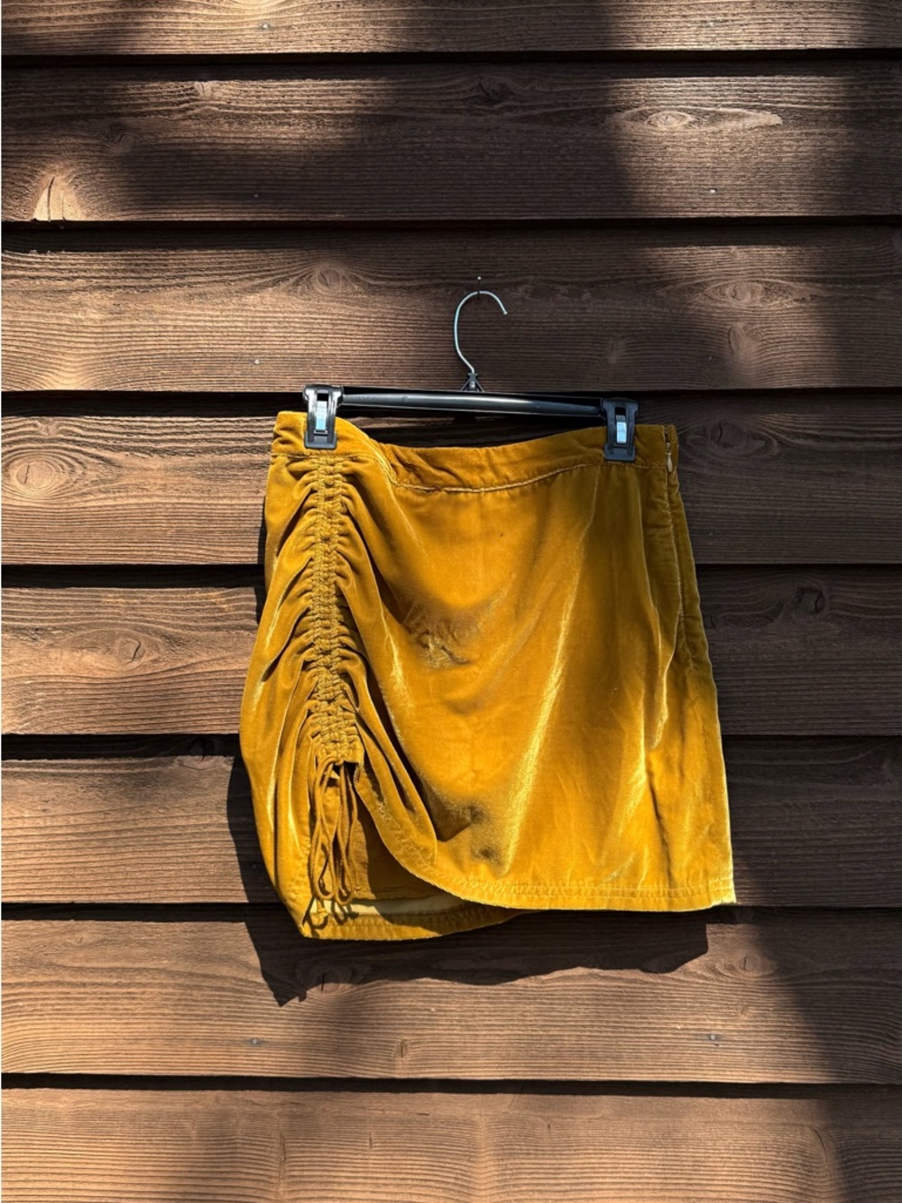 Free People Mustard Velvet Ruched Drawstring Mini Skirt
